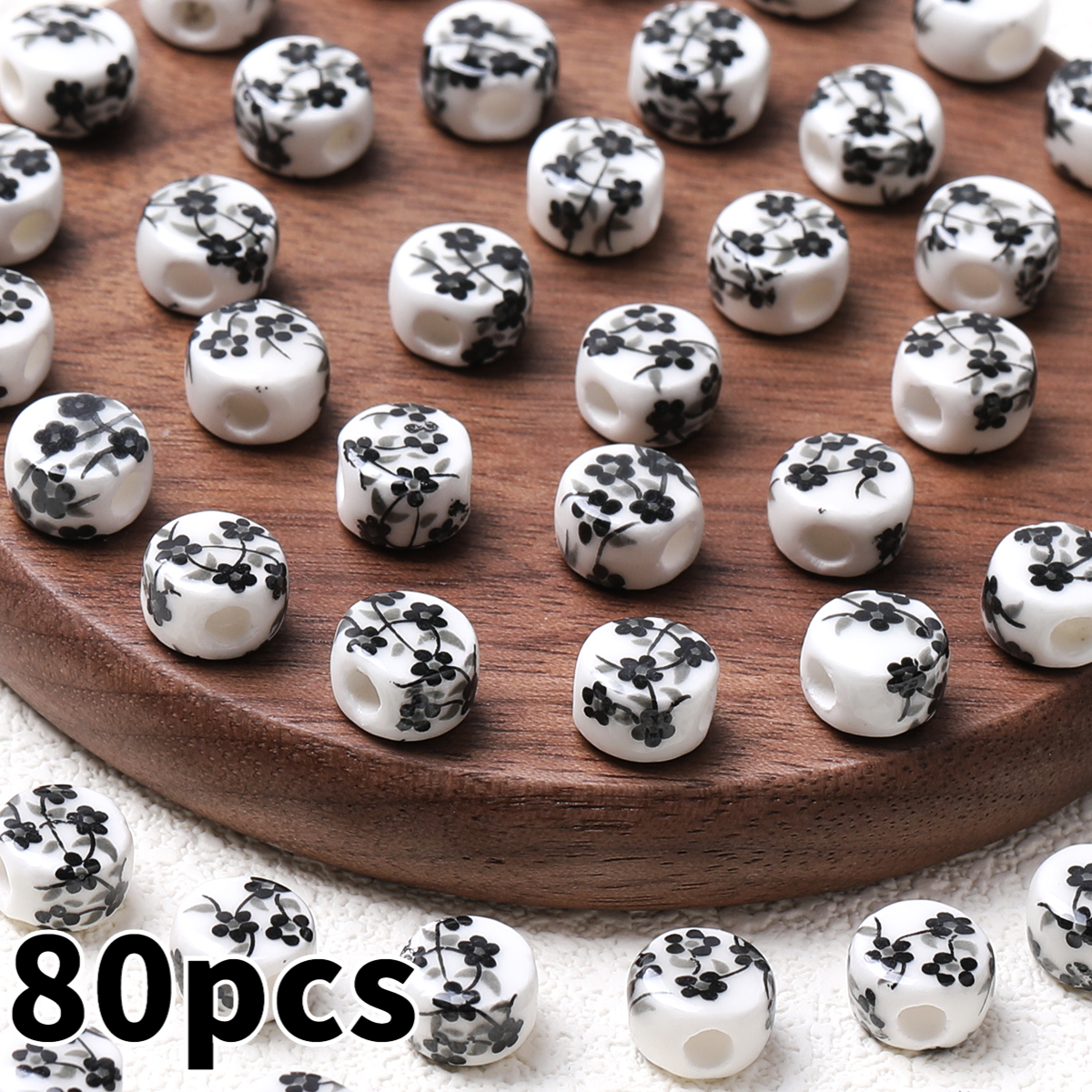20pcs Random Color Flat Round Printed Flower Ceramic Beads